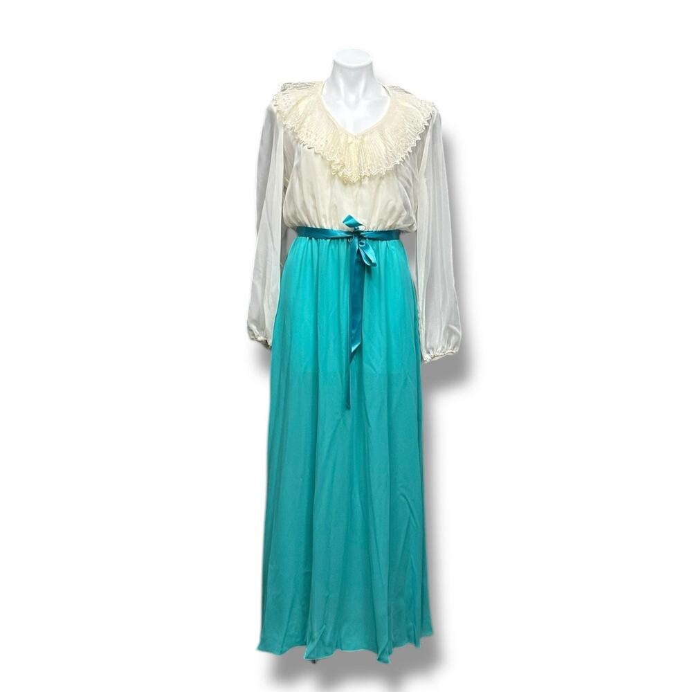 Vintage Maxi Dress Chiffon Lace Ruffled Neckline Puff Sleeve Cottagecore Sz 10